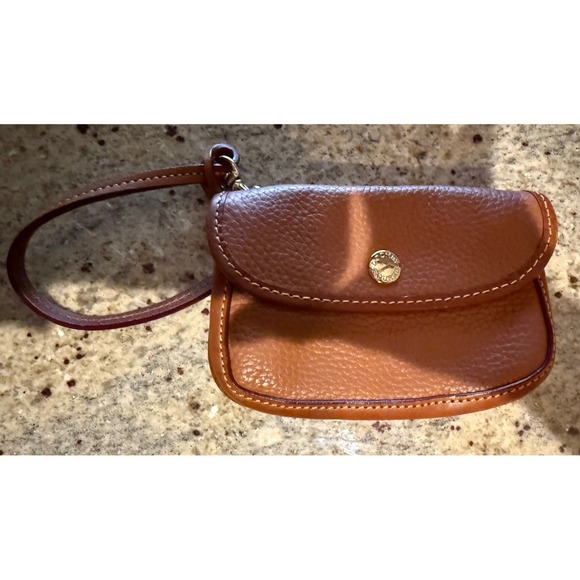 Dooney & Bourke Handbags - Dooney & Bourke Pebbled Leather Wristlet – Brown Snap Closure Red Lining